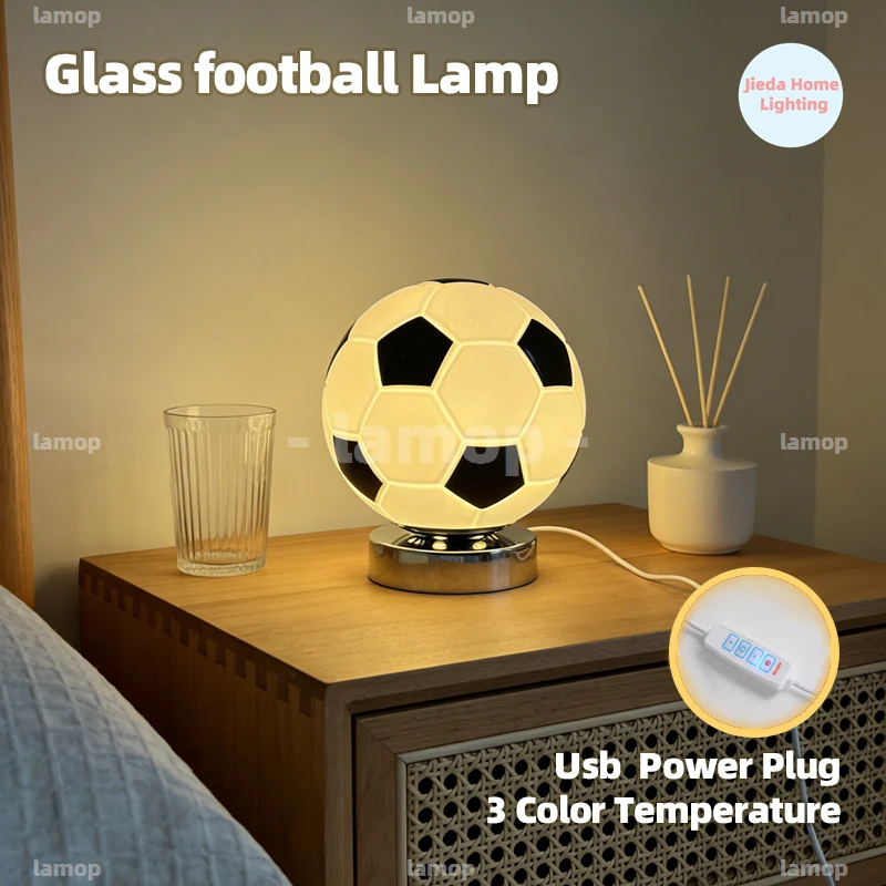 Murano Glass Football Shaped Table Lamp Three Color Temperature Cute Decor Lamp For Children Bedroom Desktop Ornament