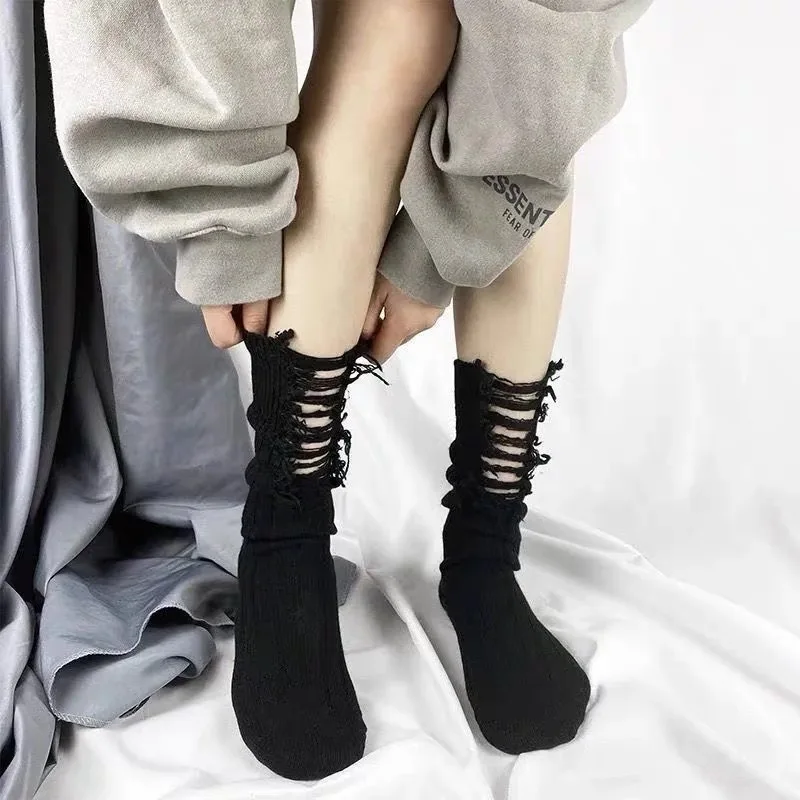 Summer New Long Pile Socks Simple Fashion Beggar Socks Women's Hand-Cut Ripped Socks Solid Color Knitting