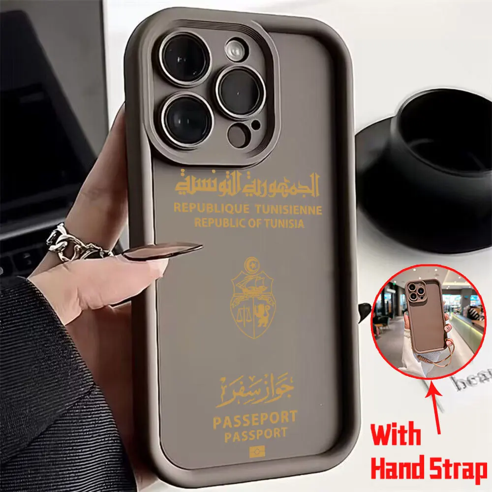 Tunisia Passport Phone Case for IPhone 15 14 13 12 11 Pro Max Mini XR XS X 7 8 Plus Soft TPU Back Cover With Hand Strap