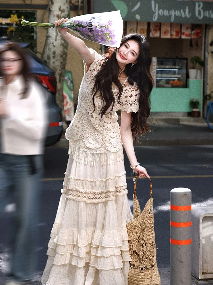 

Retro Lace Trim ter Vest Women Slimming Svel Top Summer Sweet Sle Hollow out Bal Base irt Thin Outerwear