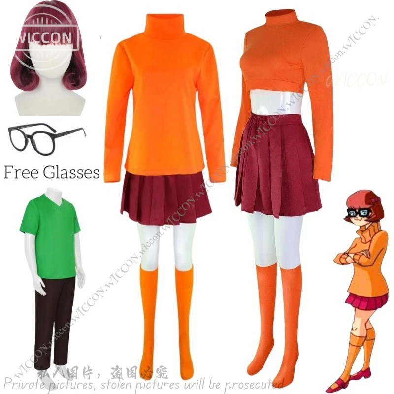 Velma Seragam Anime Cosplay Orange Short Skirt Uniform Halloween Costume Wig Party Carnival Set Role Play Daily Outfit Club