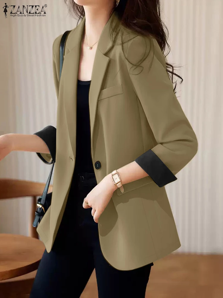 

ZANZEA Autumn Lightweight Blazer for Woman Elegant Lapel Neck Contrast-Color Cuffs 3/4 Sleeve Suit Jackets Commuting Office Wear