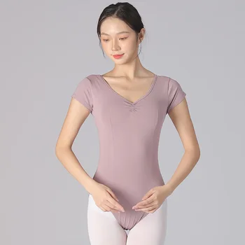 Trykoty baletowe dla kobiet styl podstawowy z krótkim rękawem jednolite kolory taniec dla dorosłych praktyka baletowa kostium taneczny trykoty gimnastyczne