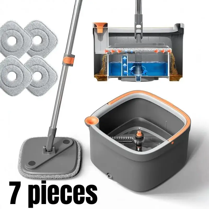 Spin Mop and Bucket Set with 2 Replaceable Microfiber Mop Pads with Self Separation Dirty and Clean Water System, Self Wringing