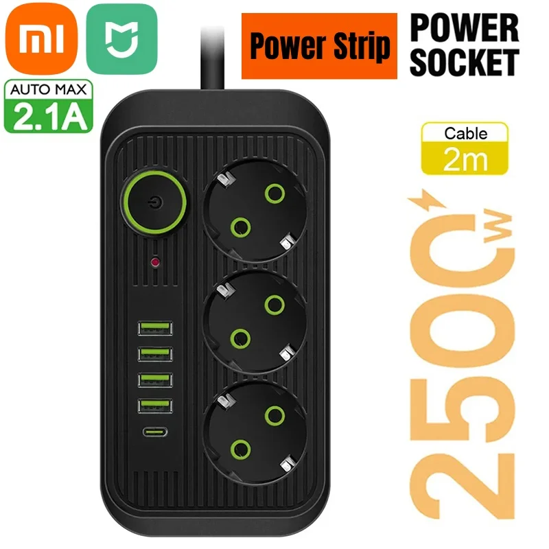 Xiaomi EU Plug Power Strip 2M Extension Cable Multiprise 3AC Outlets Electrical Socket 4 USB 1 Type C Network Filter Fast Charge