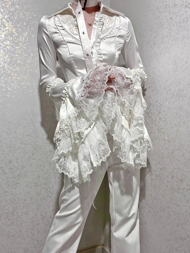 

Французская элегантная кружевная рубашка в стиле Лолиты в готическом стиле, женские топы с лацканами в стиле Харадзюку, осенние белые блузки на шнуровке Y2k с тонкой талией, новинка