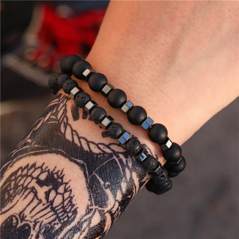 2Pcs Vintage Men Natural Lava Stone Beaded Bracelet Set Hematite Cube Spacer Elastic Bracelets Male Jewelry Gift