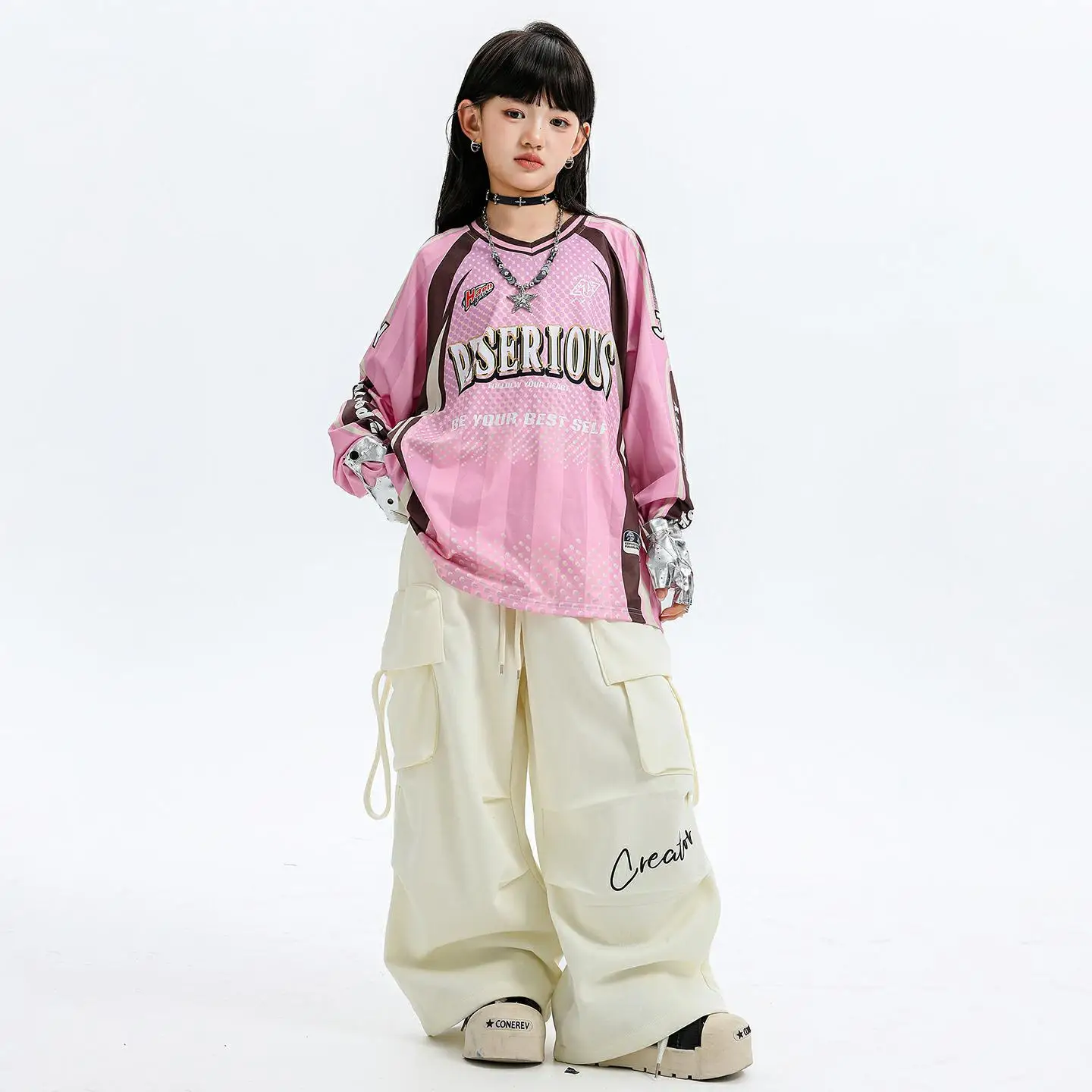 

Kid Kpop Hip Hop Clothing Pink Letter Jersey T Shirt Beige Casual Steet Parachute Cargo Pants for Girl Boy Dance Costume Clothes