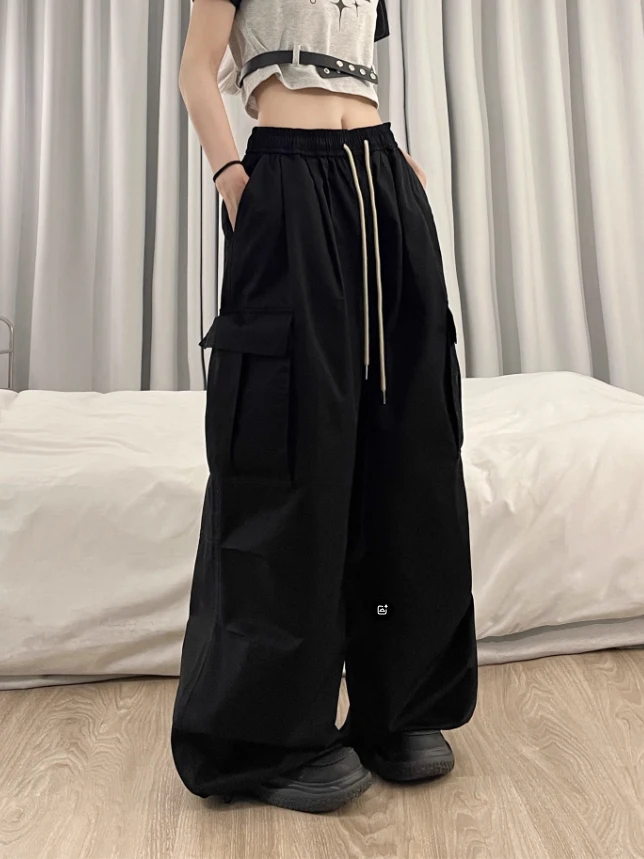 American High Street Retro Hiphop Black Workwear Pants Women's Cuffed Casual Pants Slimming Trendy Brand Polyester Fiber
