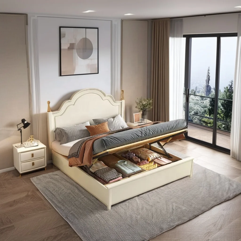 

#Modern Cream Simple Double Bed Luxury American Style Solid Wood Panel Bedroom Set for Master Bedroom Handcrafted Home Furniture