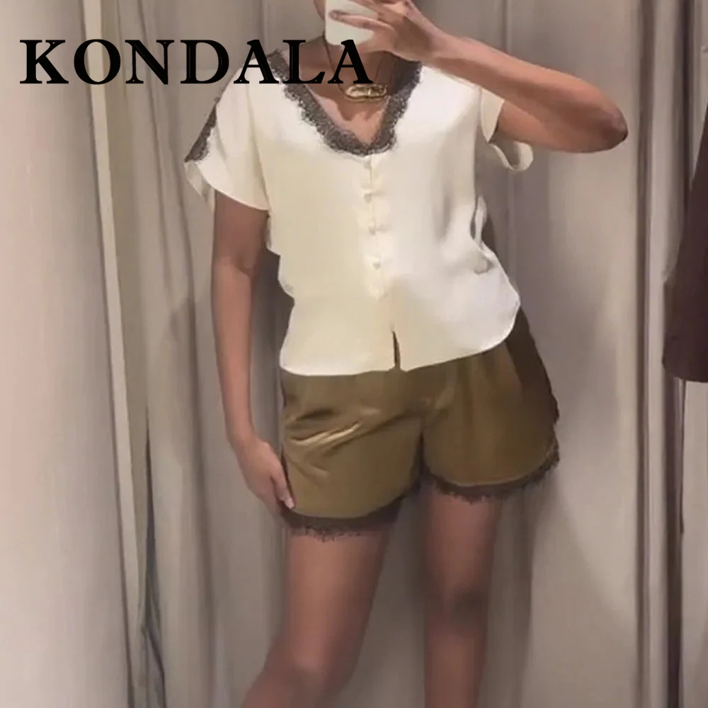 

KONDALA винтажный сексуальный шикарный женский костюм с v-образным вырезом, однобортные кружевные рубашки + зеленые мини-шорты на молнии, модные повседневные комплекты 2023 г.