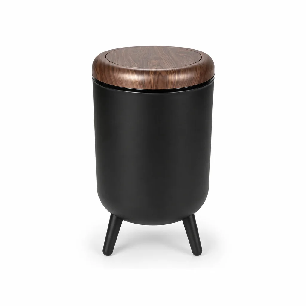 Modern Round Black Plastic Trash Can With 3 Support Legs, Hinged Lid With Wood‑Grain Print, Decorative Elevated Lidded Garbage Bin for Bathroom Bedroom Living‑Room