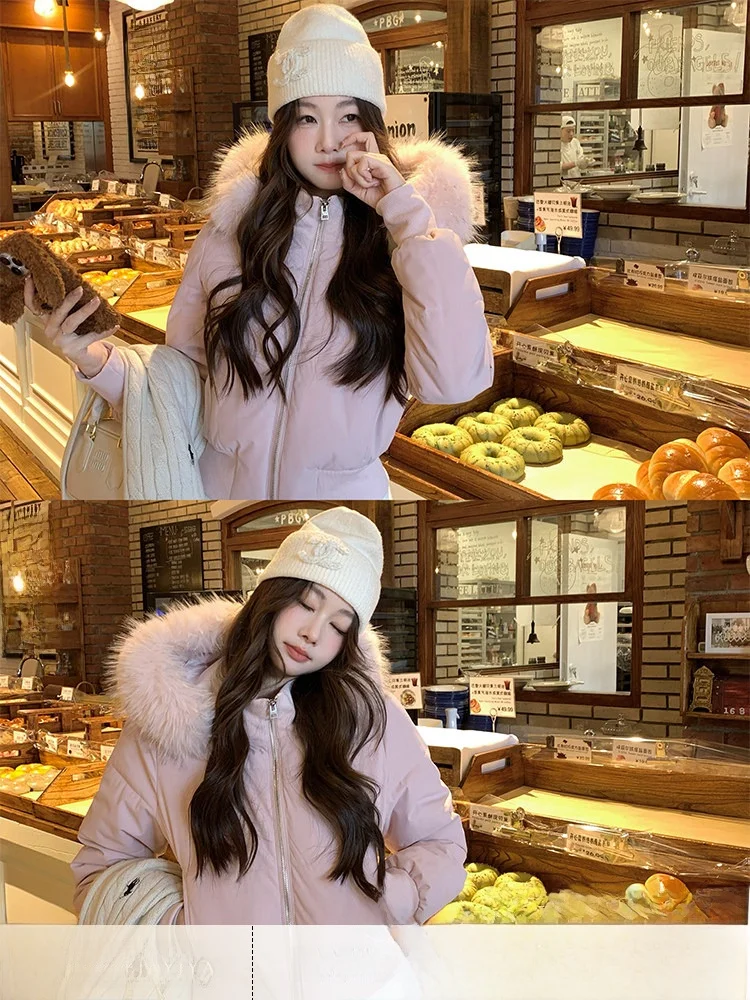 

EIA Lightweight ort Pink Du down Jaet Women's Winter Warm Fur Collar Commute Sle Korean Fit Long Sve Zipper Coat