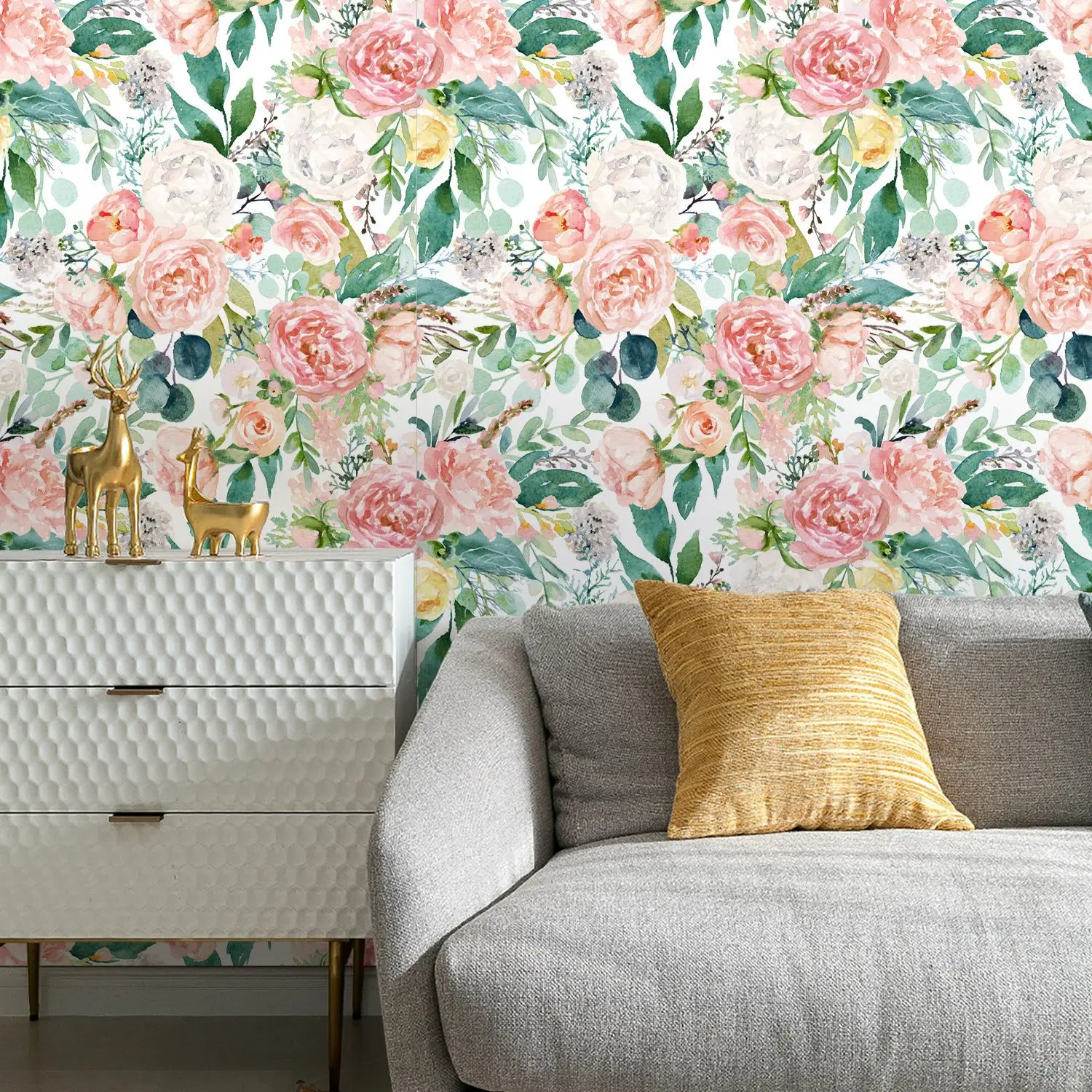 Floral Wallpaper Peel and Stick Watercolor White/Pink/Green Vinyl Self Adhesive Prepasted Decorative Peony Wall Paper