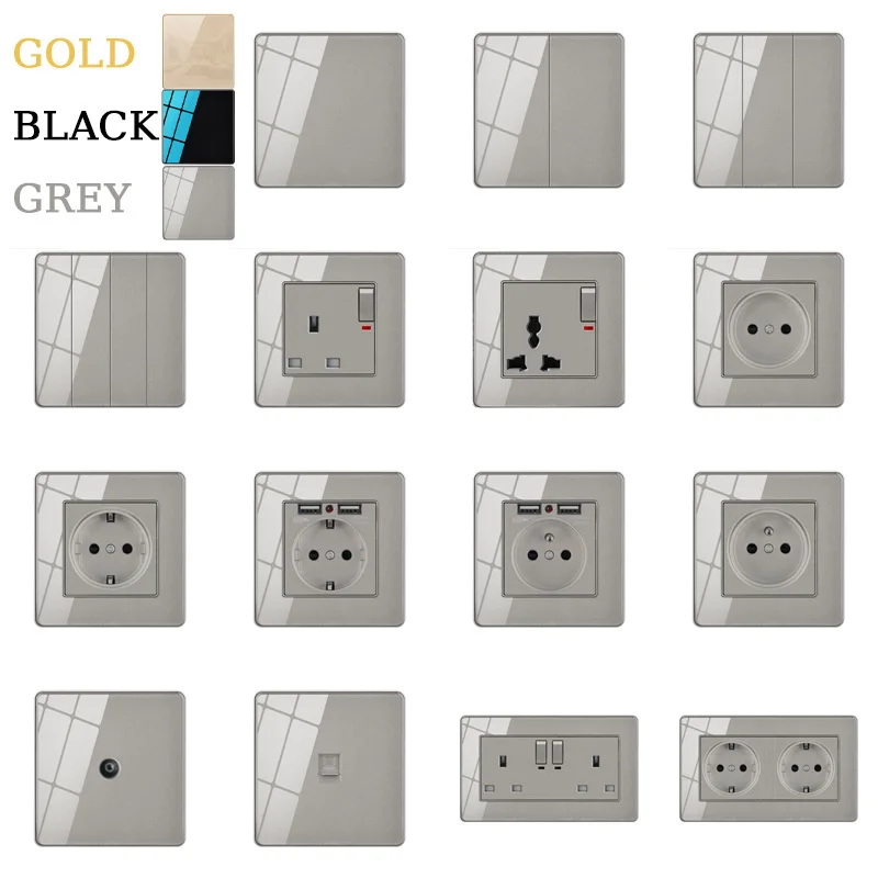 

86 Type 1/2/3/4 gang 1/2 way Wall Light Switch On/Off Crystal Tempered Glass Panel EU French UK Electrical Wall TV USB Outlets