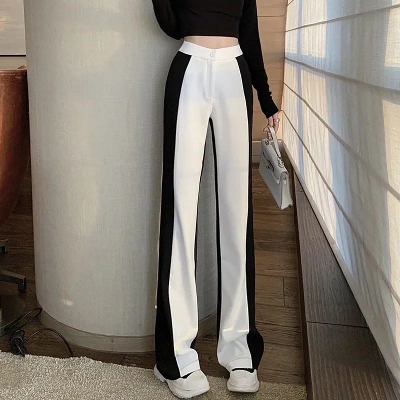 Pantalones informales con contraste en blanco y negro para mujer, pantalones ajustados de cintura alta hasta el suelo, pantalones de pierna ancha versátiles de estilo coreano