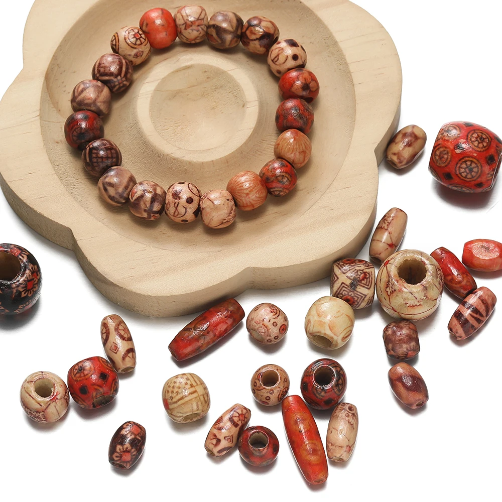 30-100pcs/lot Maple Patterned Beads Retro Braid Bead String Chain Bracelet Necklace Wooden Beading DIY Jewelry Accessories ﻿