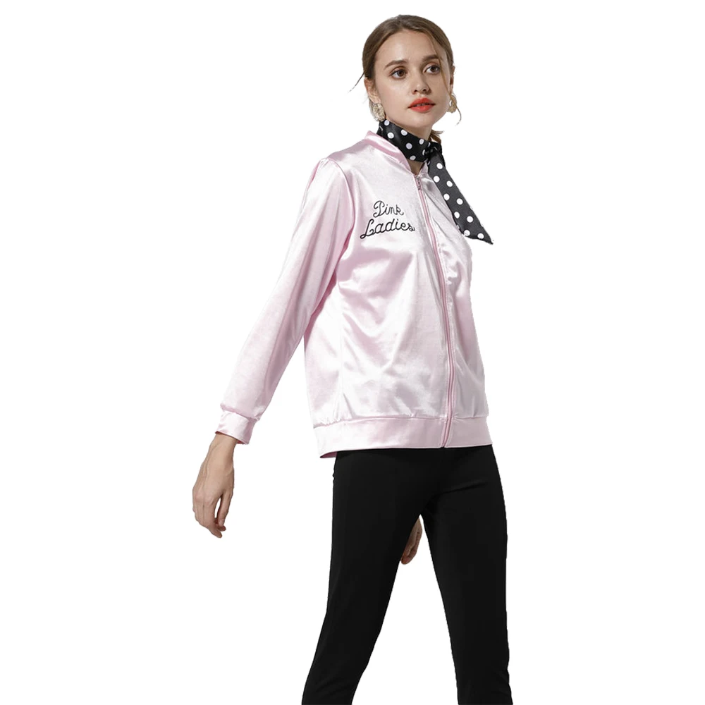 Grease Pink Ladies Cosplay Jacket Adult Women Girls Kids Retro Satin Coat Neckscarf Costume Top Halloween Carnival Party Suit