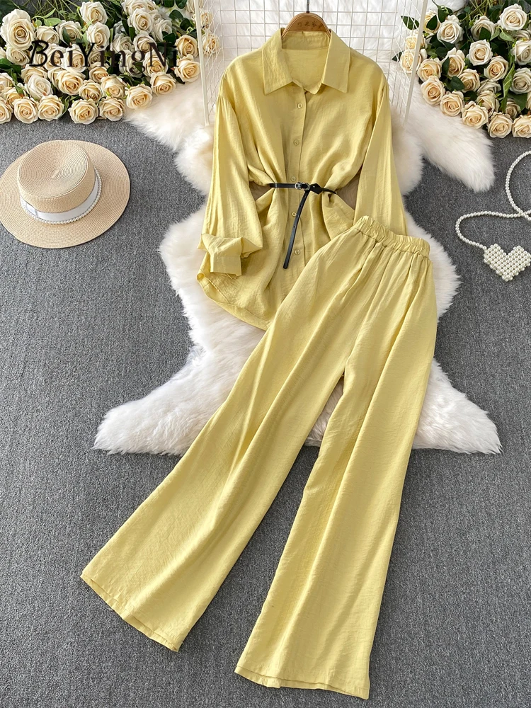 

Beiyingni Women Pant Sets 2025 Autumn Fashion Full Sleeve Shirts 2 Piece Set Elegant Casual Wide Leg Trousers Tracksuits Female