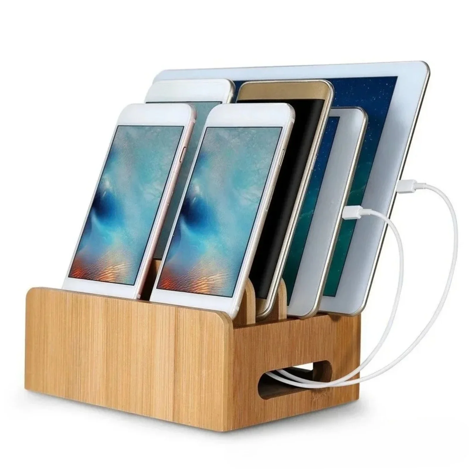 yesBamboo Charging Station Phone Stand Cable Organizer Desktop Dock for IPhone Samsung Smartphone Tablet Home Office Storage Hol