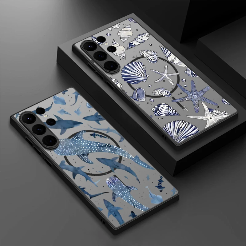 Hai-Schalen-Muster Handyhülle für Samsung Galaxy S25 S24 S23 Plus S22 S24 Ultra S24 S23 S21 S20 FE Magnetische PC-Rückseite Matte Abdeckung
