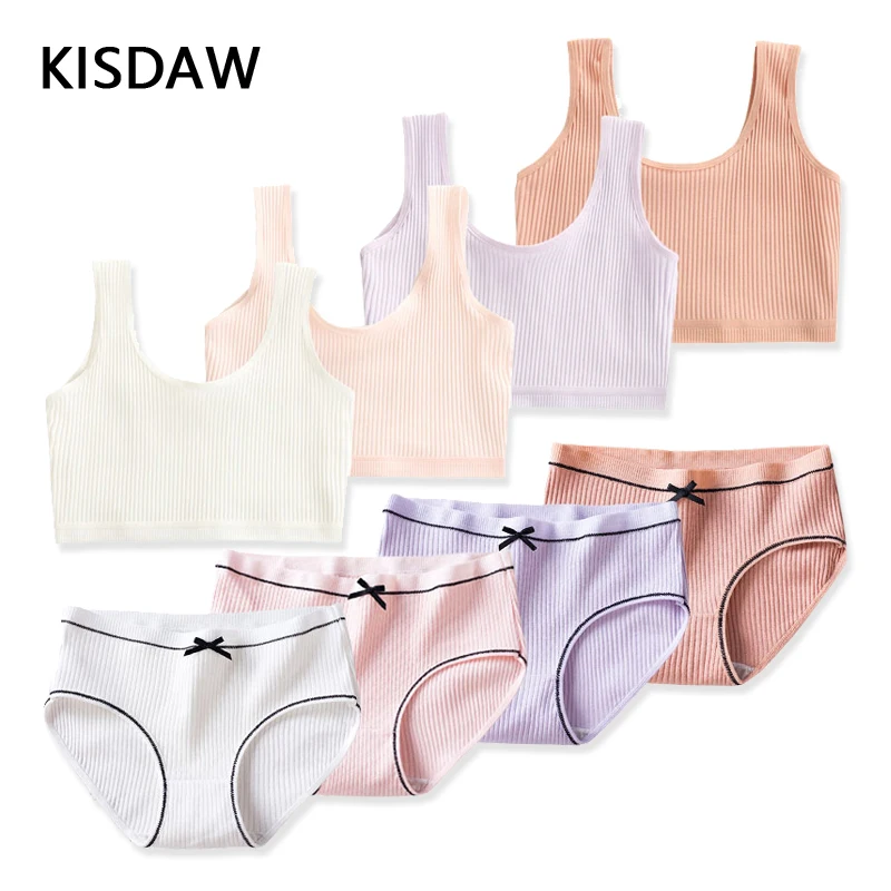 Cotton Girls Panties And Bras Sets Teenage Girls Cotton Training Bra Panty Set Solid Kids Sports Bra Briefs Underwear