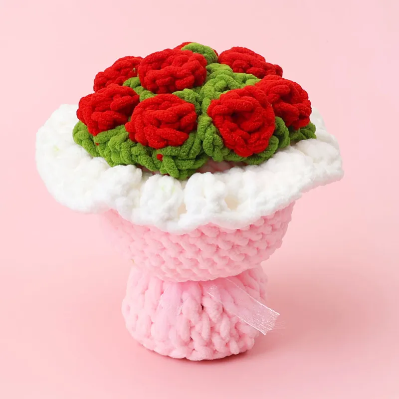 Подарочный букет на День святого Валентина Готовый продукт Вязаная пряжа ручной работы Большой букет роз Игла Имитация цветка