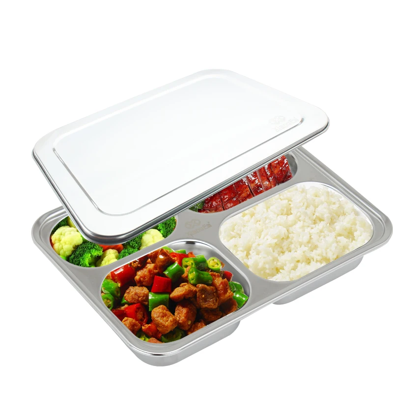 

Bento Box Rectangle Lunch Box Stainless Steel with Compartment Rectangular Dinner Plates 5 Compartment Fast Food Tray
