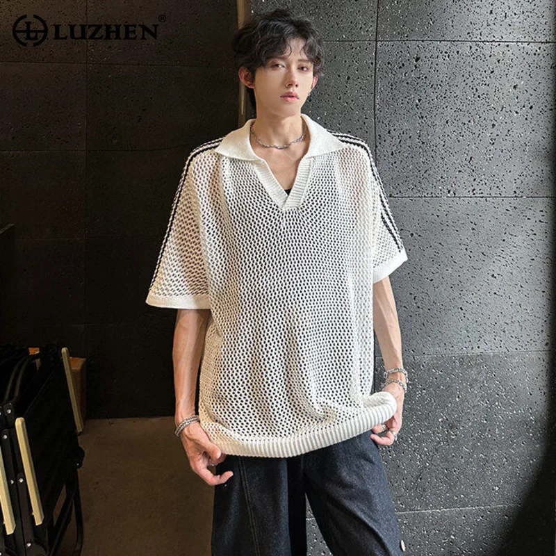 

LUZHEN 2025 Summer Mesh Hollow Out Polo Neck T-shirts Pullover Men's New Fashion Handsome Loose Casual Tops Male Clothes JY2829