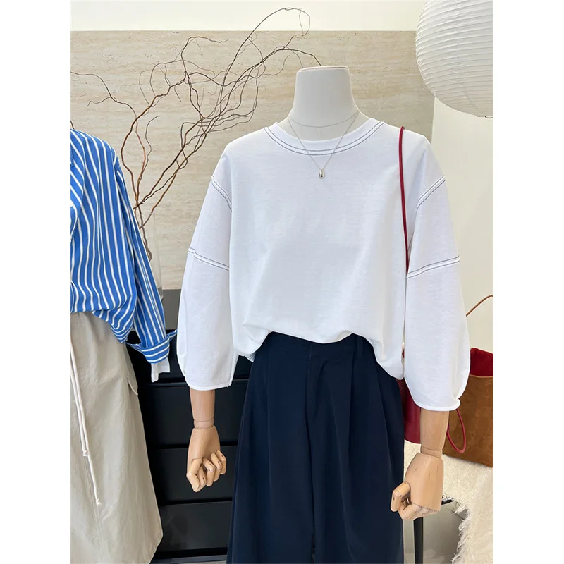 Loose Women's round Neck Lantern Sleeve T-shirt Autumn New Style Decorative Stitching Casual Long Sleeve Top Comfortable Fit