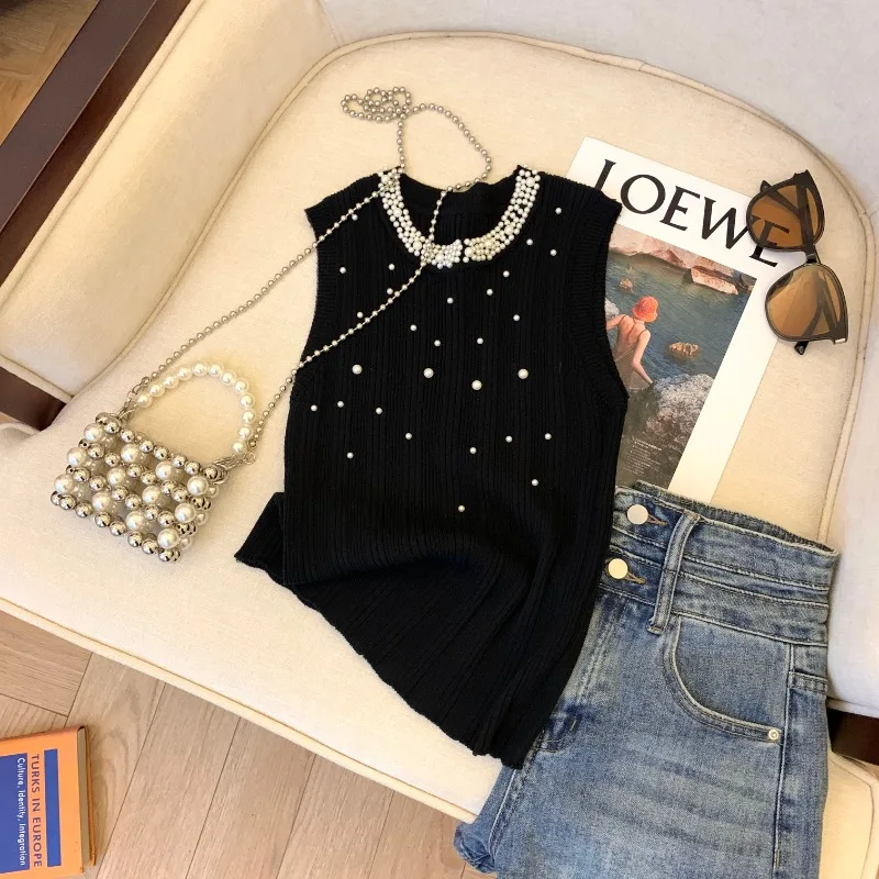 2024 Spring Summer Peals Beaded Ice Silk Knitted Vest Fashion Women Korean Slim Sleeveless O-neck Sweater Vests Female Tank Tops