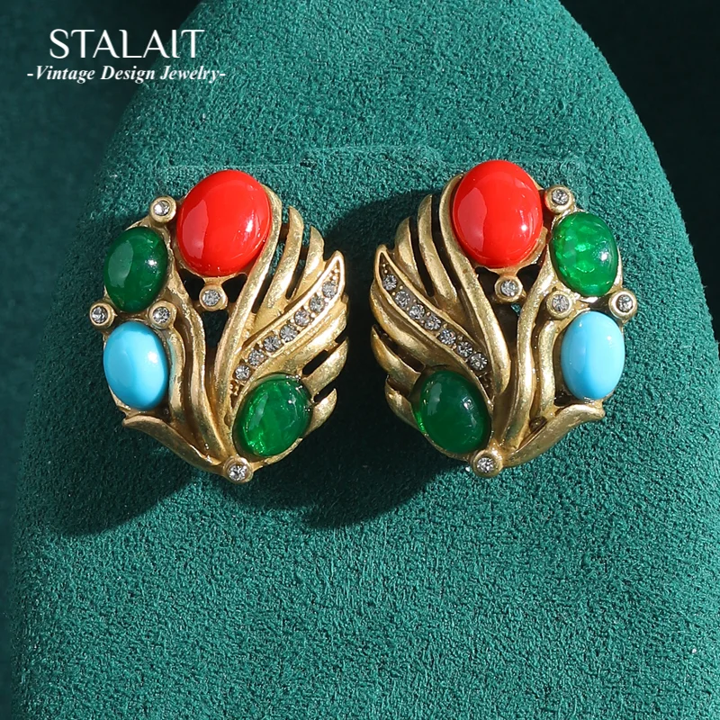 

Vintage Antique Gold Color Stud Earrings For Woman Red Natural Stone Oval Luxury Brands High Quality Designer Bridesmaids Gifts