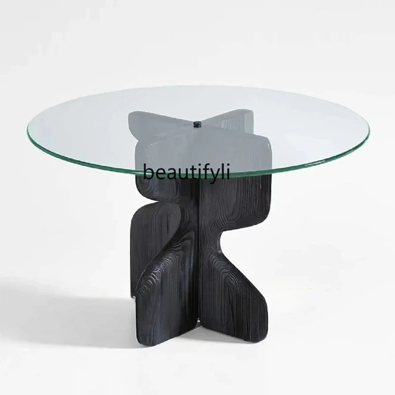 

Nordic solid wood dining table French round glass elegant retro wabi wind coffee table simple designer desk