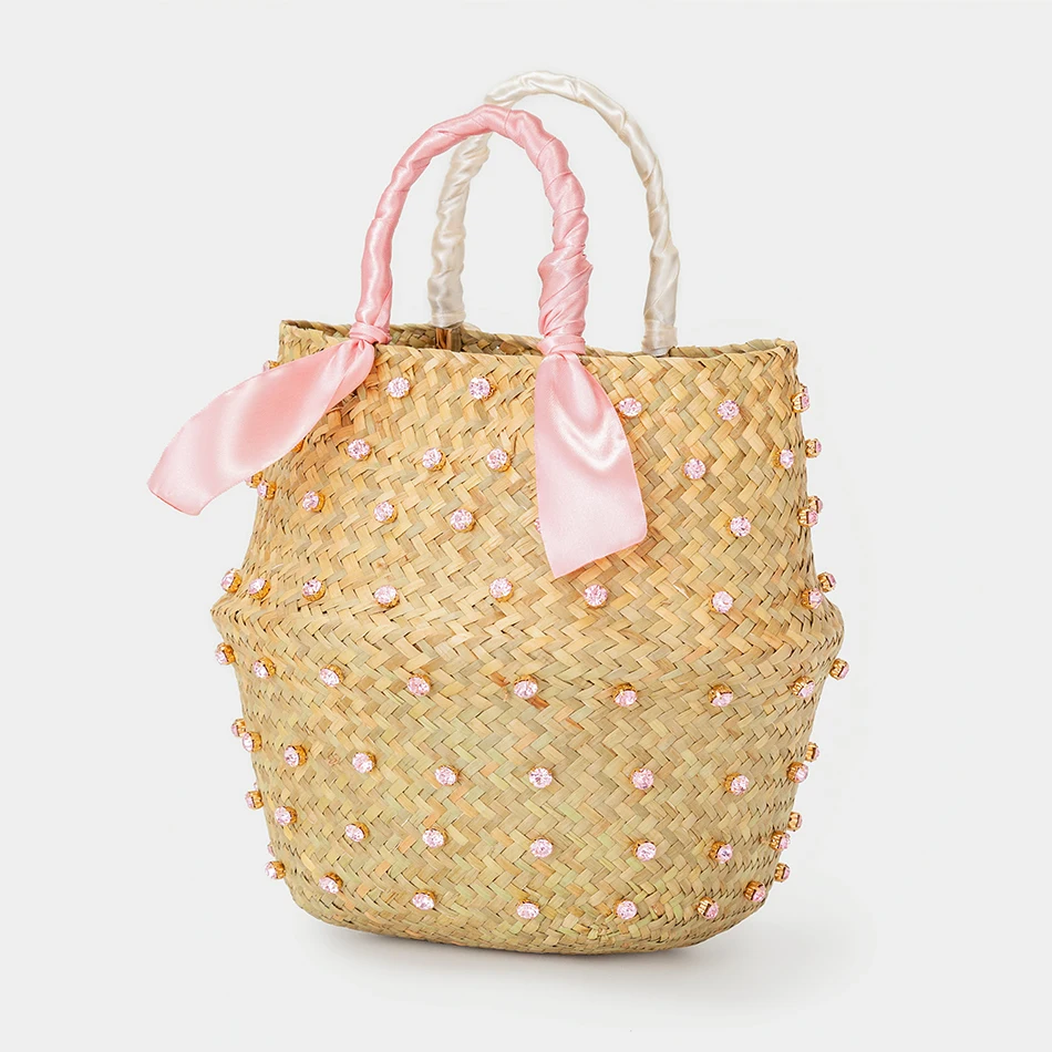 Round Nature Straw Crystal Bucket Bags For Women 2022 Summer Handmade Large Beach Rattan Woven Basket Bag Holiday High Quality