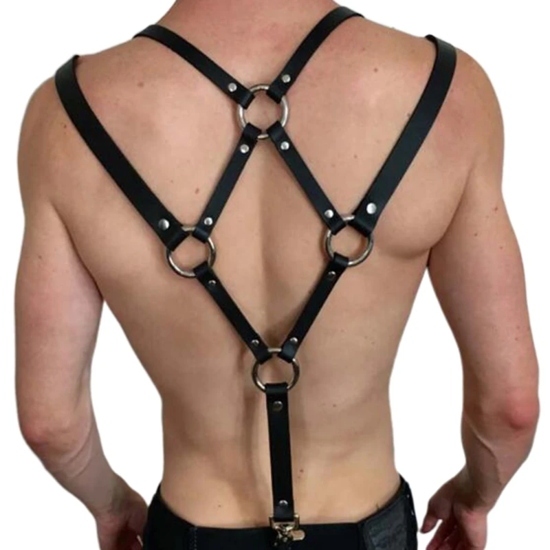 

Mens Sexy Harajuku Faux Leather Body Chest Half Harness Suspenders Punk Sling Buckle Shoulder Straps Belt O-Rings for Wedding