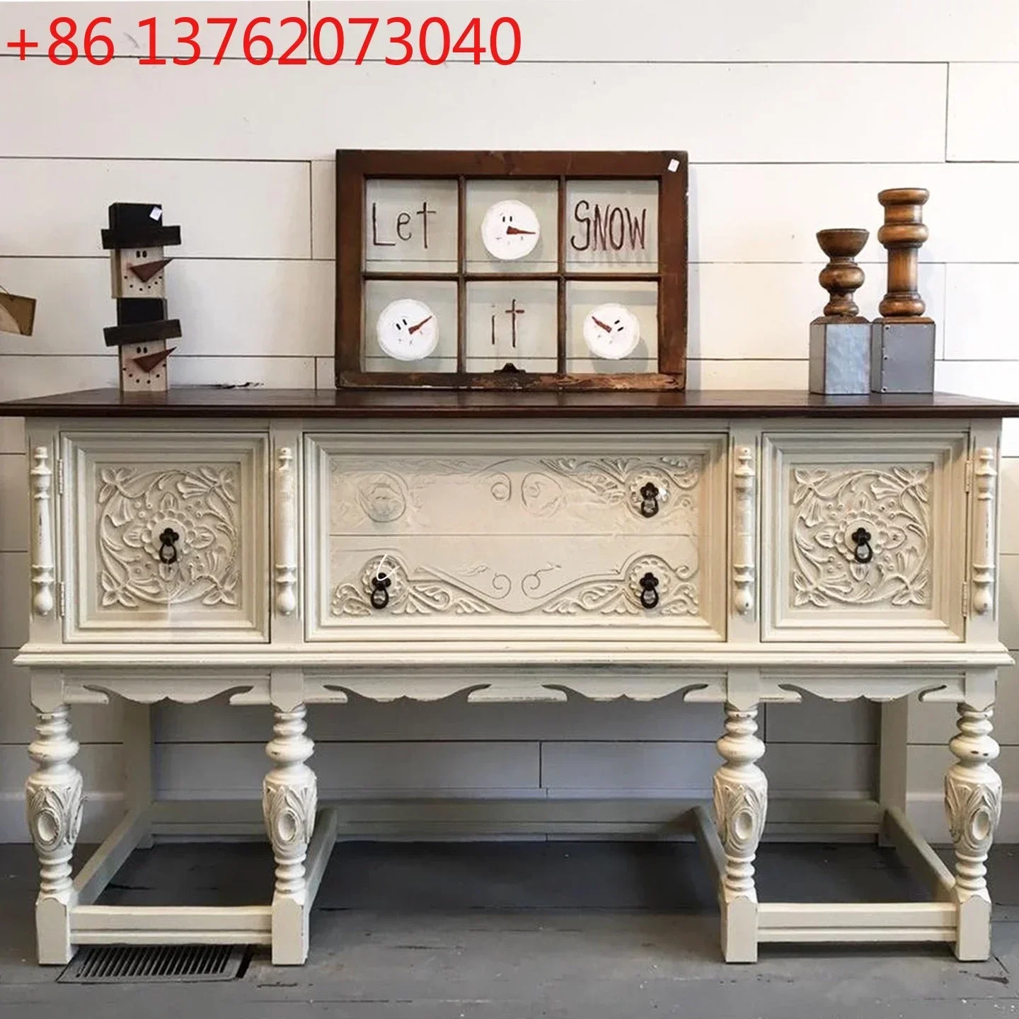 

French retro solid wood carving flower entrance cabinet white old decorative cabinet