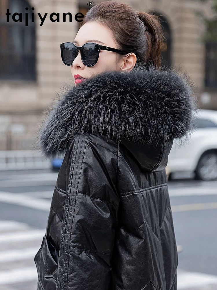 TAJIYANE 100% Pelle di mucca Piumino d'oca Donna Collo in pelliccia di procione Piumino Luxe Giacche in vera pelle 2025 Abbigliamento donna
