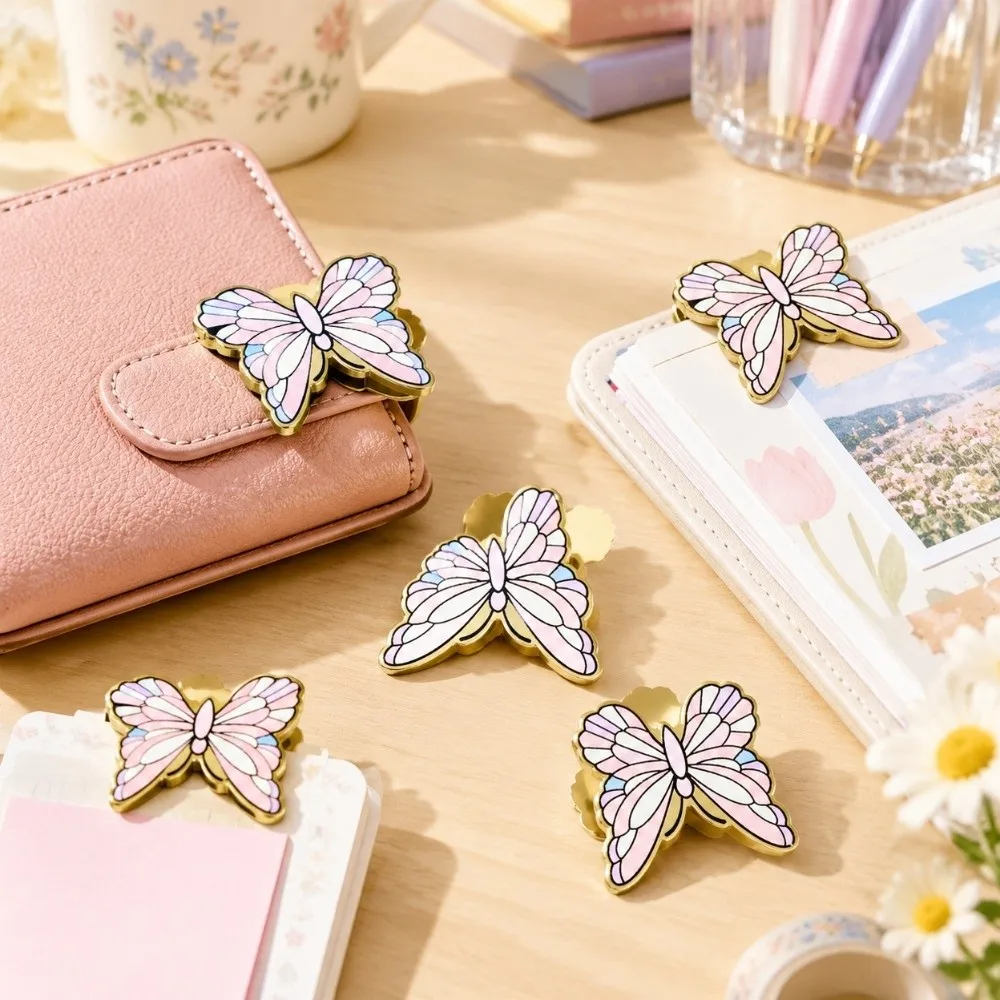 4pcs Pink Color Metal Book Clips Metal Material Colorful Design Decorative Page Binder Butterfly Book Clips