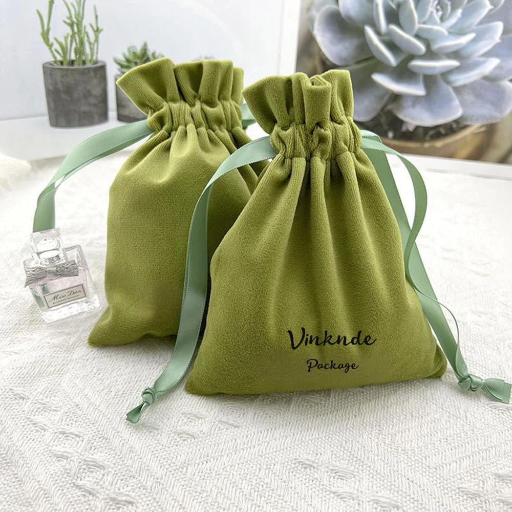 

Персонализированная упаковка для ювелирных изделий, подарочные пакеты, розово-зеленый фланелевой мешочек, бархатная лента, маленькое ожерелье, серьги, сумка-органайзер