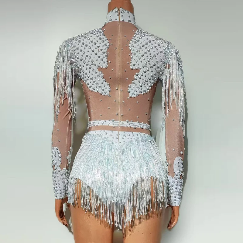 Sexy Pole Dance Clothing Women White Pearls Fringed Bodsyuit Bar Dj Ds Gogo Costume Drag Queen Outfit Stage Party Wear XS9577