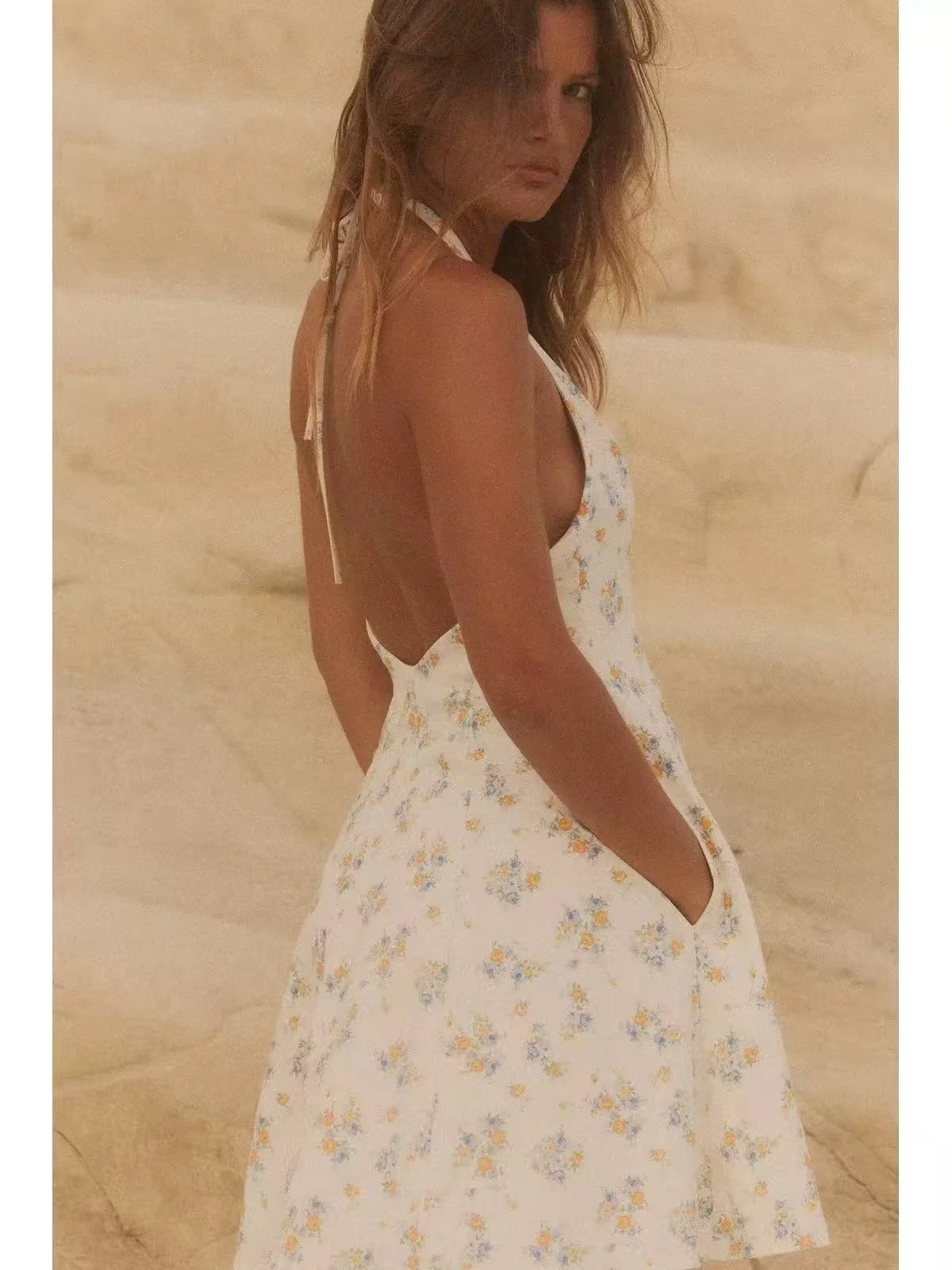 Verão 2025 nova chegada feminina impressa gaze de seda Svel Dr V-Ne gola pendurada praia Vaion Sle ort A-Line S...