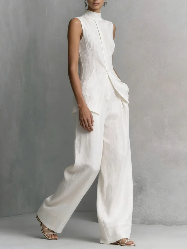 Vintage Solid Cotton Linen Suit for Women Sleeveless Turtleneck Top & High Waist Pants Set New Spring Summer Button Loose Outfit
