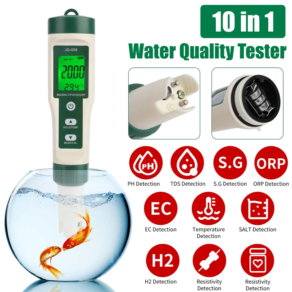 10 in1 Water Quality Tester PH/TDS/SALT/SG/ORP/EC/Hydrogen/Resistivity/TEMP/Nutrient Multifunction Testing Pen for Pool Aquarium