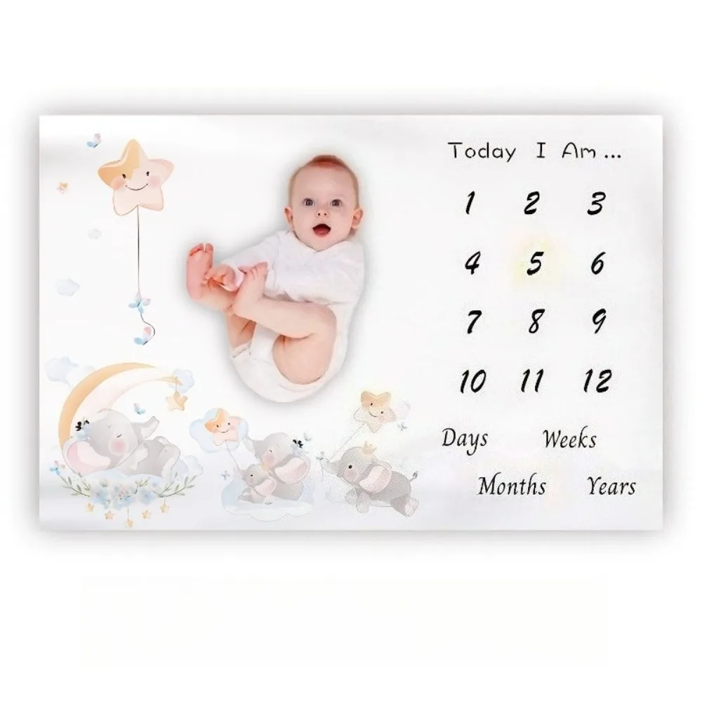 VIKAMA Cute Elephant & Star Print Baby Full-Moon Photography Blanket, Newborn Baptism, Milestone Commemoration, Growth Calendar