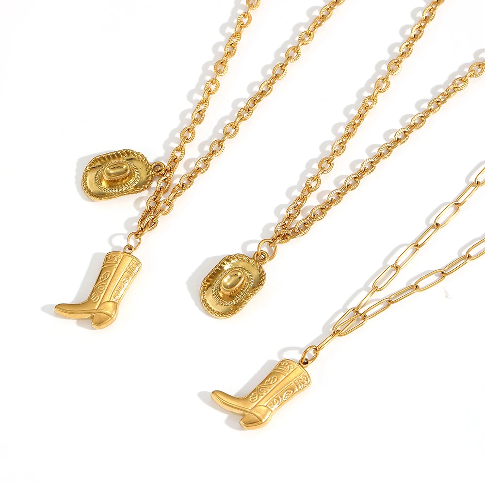 Persönlichkeitsdesign Edelstahl Goldfarben Western-Cowboystiefel Anhänger Halskette für Damen Charm-Schmuck – Detail 3