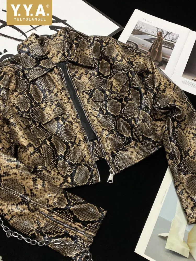 

Women Punk Serpentine Pattern Pu Leather Jacket Personality Lapel Streetwear Long Sleeve Spring Female Faux Leather Short Coat