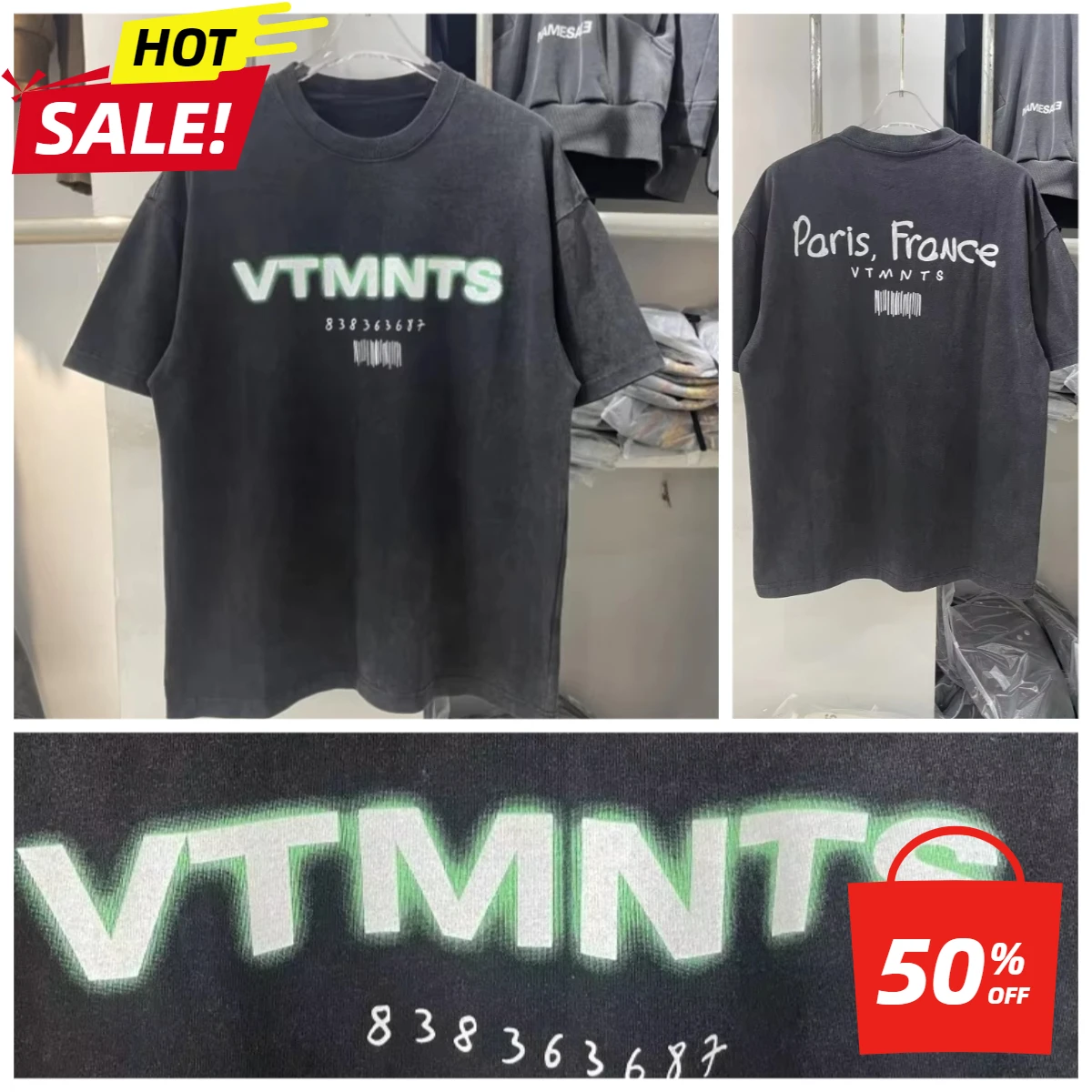 2025 VTMNTS Camiseta retro lavada Camiseta unisex de algodón de gran tamaño con estampado de letras vintage Camiseta cómoda con cuello redondo S-XXXXL