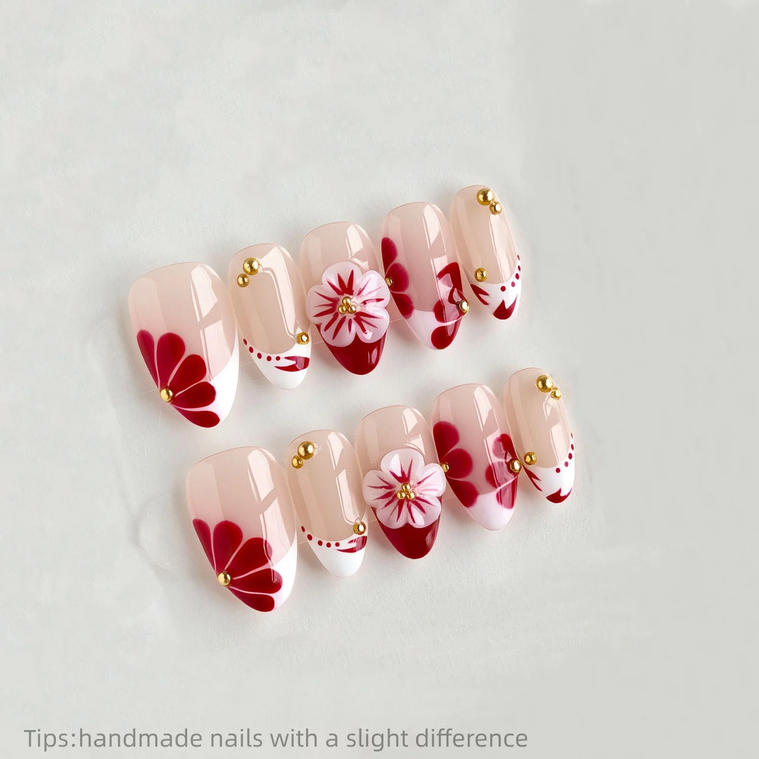 

10 шт., нюдовые красные гелевые цветы ручной работы, миндалевидные короткие носимые многоразовые элегантные накладные ногти 2026