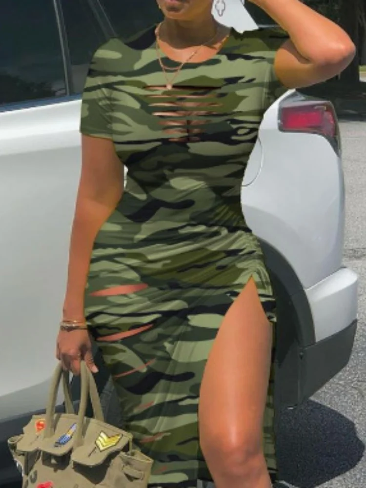 Sexy Women's Dresses Split Drawstring Short-Sleeved Solid Color Round Neck Wrap Hip Dress Sexy Female Short Club Party Dress ﻿