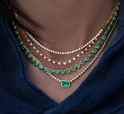 Green Bezel Cubic Zirconia Heart Shaped CZ Choker Collar Necklace High Quality Women Jewelry